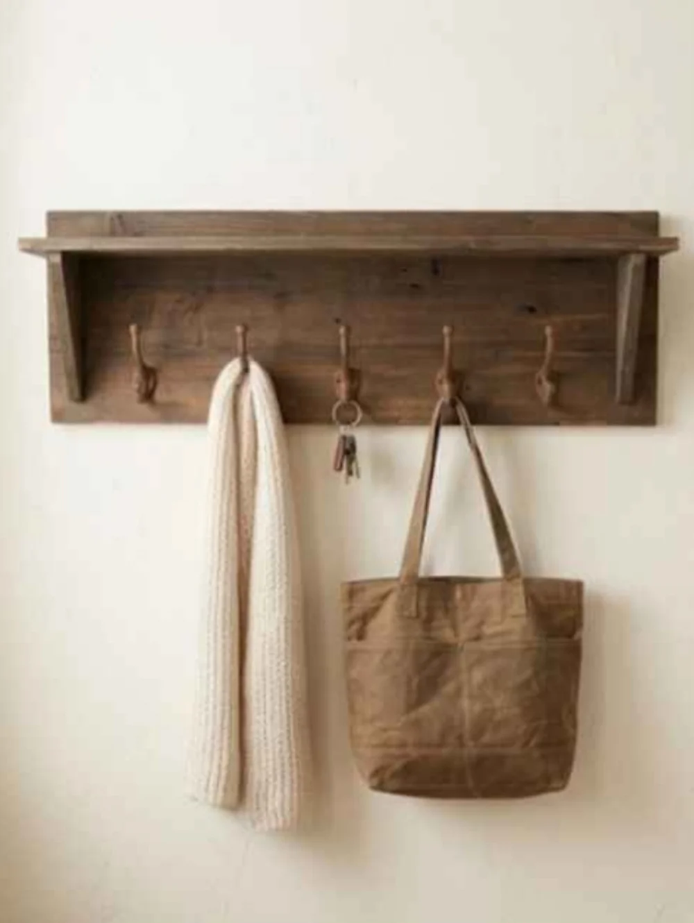 Wood Wall Shelf with Five Cast Iron Hooks - Classic Entryway Organizer